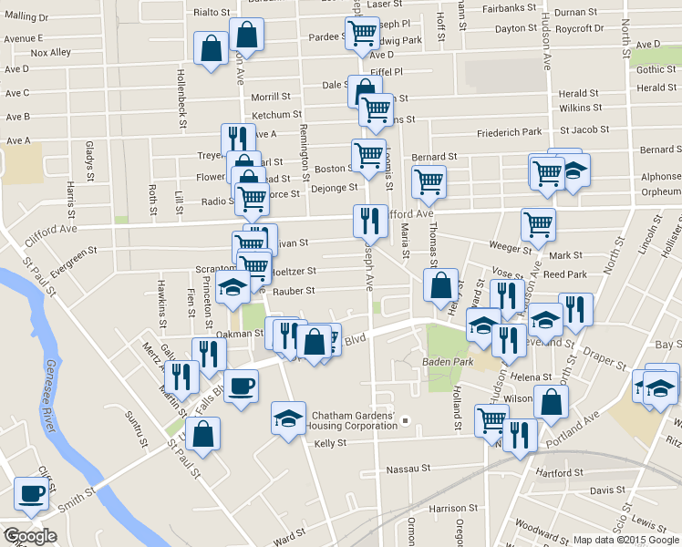map of restaurants, bars, coffee shops, grocery stores, and more near 55 Hoeltzer Street in Rochester