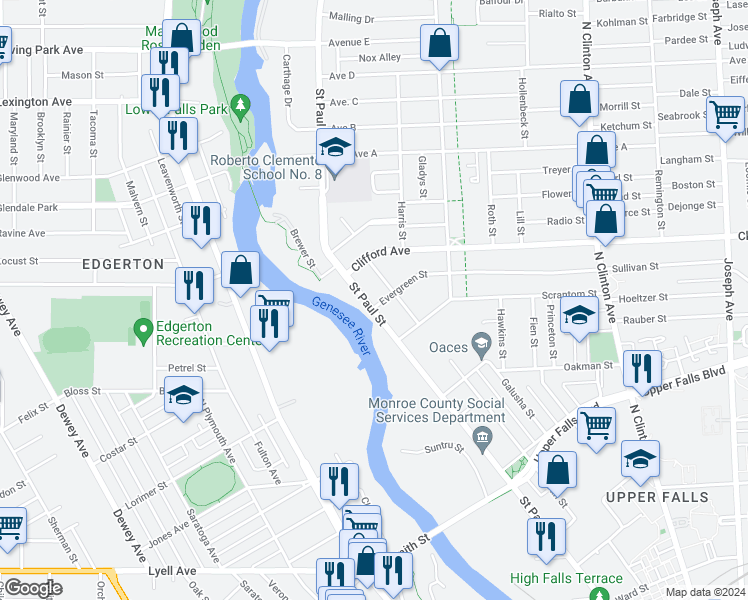map of restaurants, bars, coffee shops, grocery stores, and more near 971 Saint Paul Street in Rochester