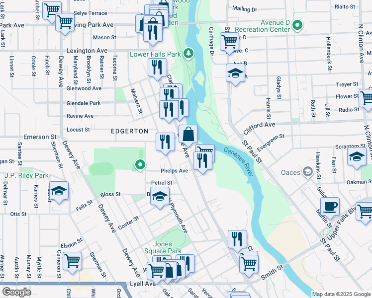 map of restaurants, bars, coffee shops, grocery stores, and more near 444 Lake Avenue in Rochester