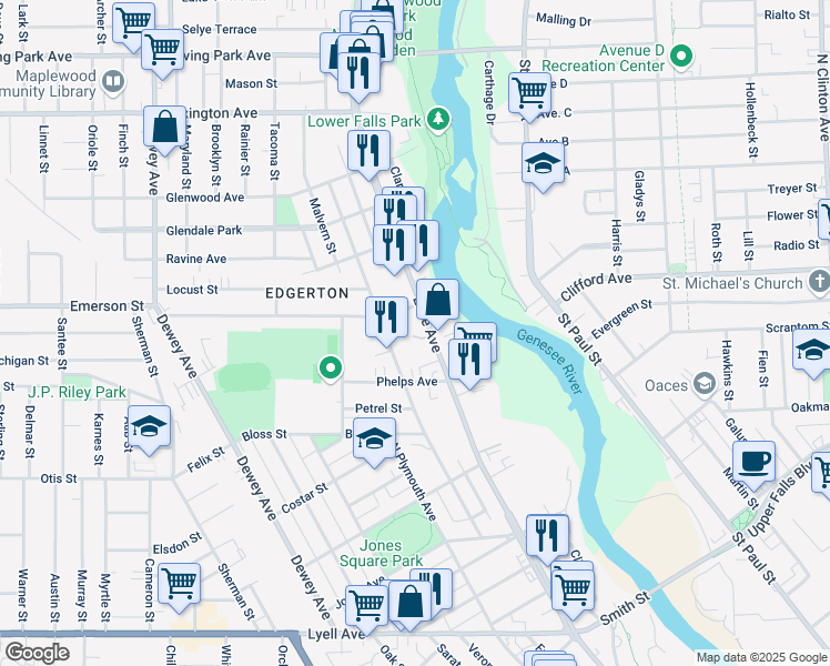 map of restaurants, bars, coffee shops, grocery stores, and more near 69 Twin Beeches in Rochester