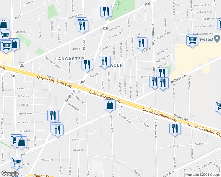 map of restaurants, bars, coffee shops, grocery stores, and more near in St. Catharines