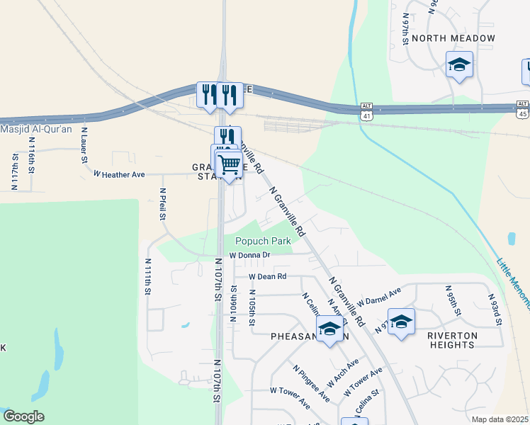 map of restaurants, bars, coffee shops, grocery stores, and more near 8559 North Granville Road in Milwaukee