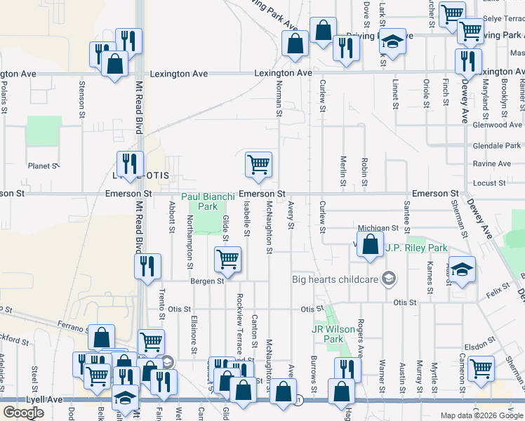 map of restaurants, bars, coffee shops, grocery stores, and more near 407 McNaughton Street in Rochester