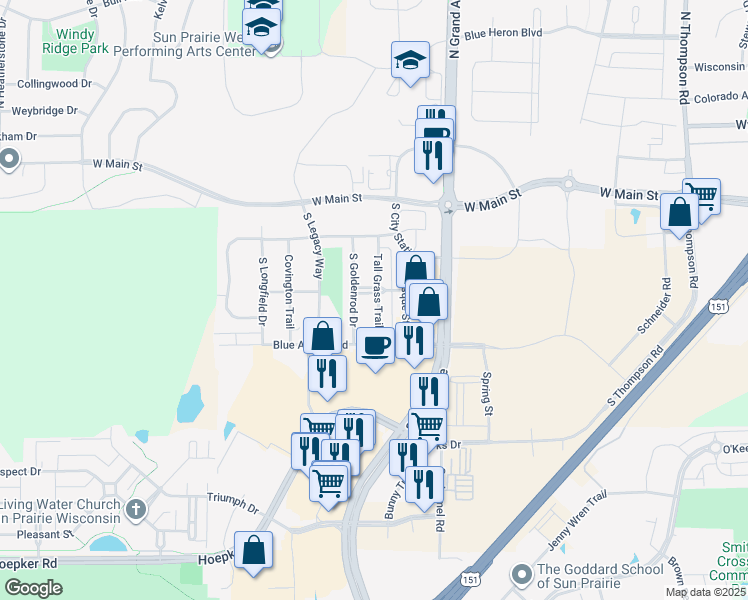 map of restaurants, bars, coffee shops, grocery stores, and more near 310 Tall Grass Trail in Sun Prairie