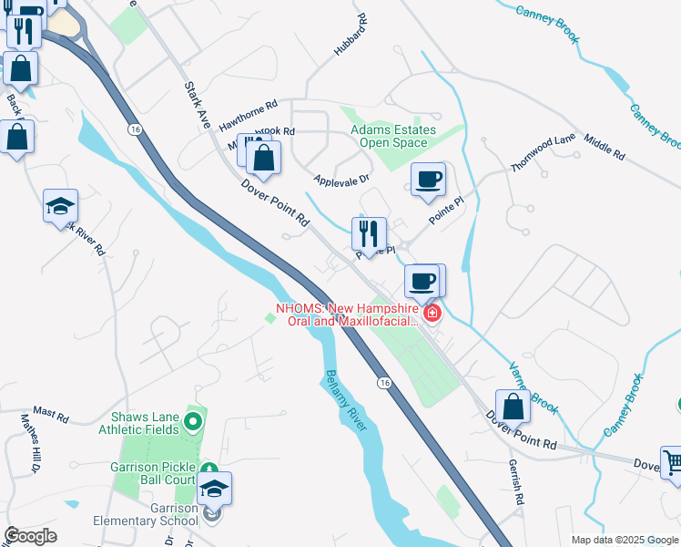 map of restaurants, bars, coffee shops, grocery stores, and more near 14 Sheffield Drive in Dover