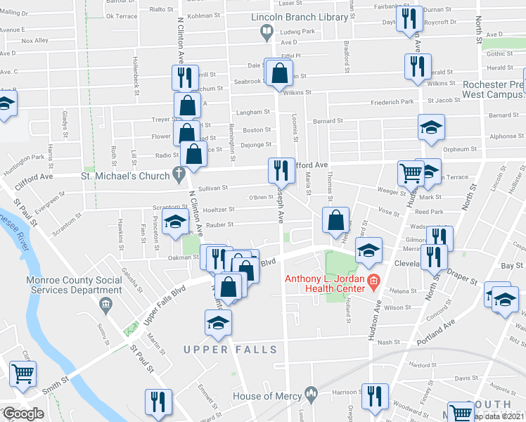 map of restaurants, bars, coffee shops, grocery stores, and more near 55 Hoeltzer Street in Rochester