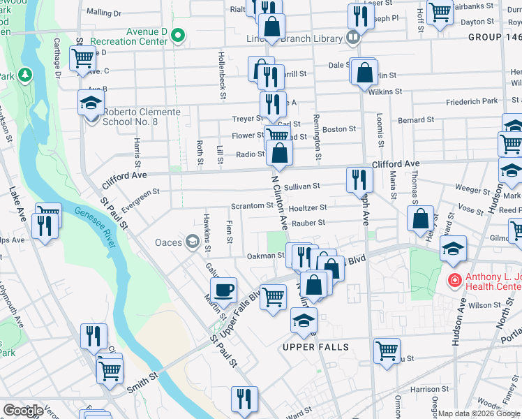 map of restaurants, bars, coffee shops, grocery stores, and more near 115 Scrantom Street in Rochester