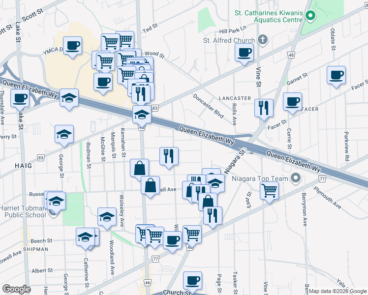 map of restaurants, bars, coffee shops, grocery stores, and more near 45 Linden Street in St. Catharines