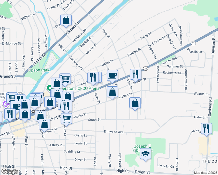 map of restaurants, bars, coffee shops, grocery stores, and more near 256 East Avenue in Lockport