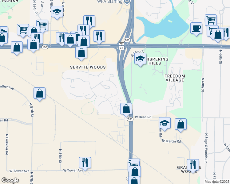 map of restaurants, bars, coffee shops, grocery stores, and more near 7664 West Wabash Court in Milwaukee