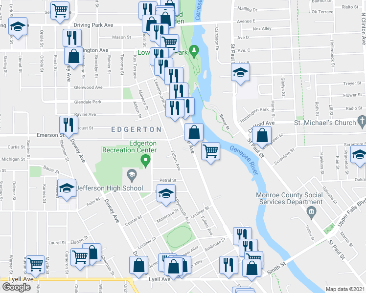 map of restaurants, bars, coffee shops, grocery stores, and more near 69 Twin Beeches in Rochester