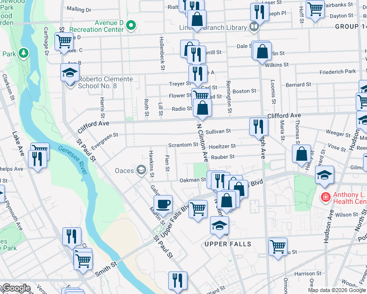 map of restaurants, bars, coffee shops, grocery stores, and more near 115 Scrantom Street in Rochester