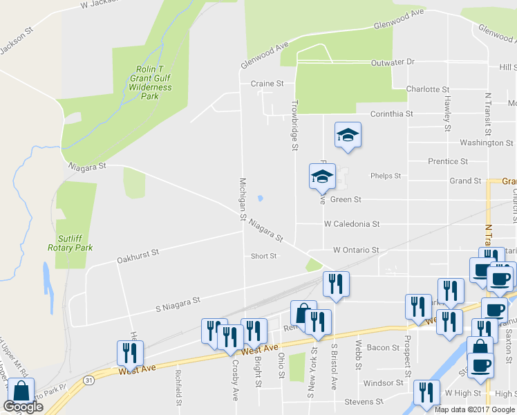 map of restaurants, bars, coffee shops, grocery stores, and more near 453 Niagara Street in Lockport