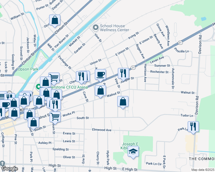 map of restaurants, bars, coffee shops, grocery stores, and more near 11 Juniper Street in Lockport