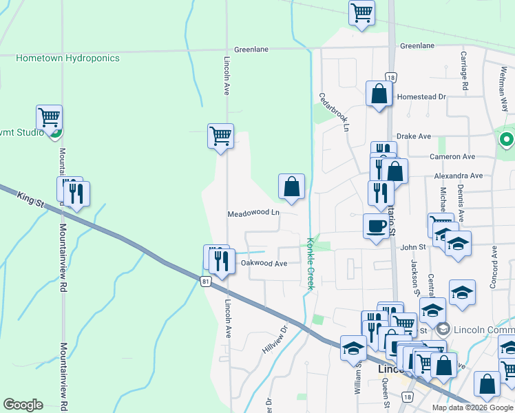 map of restaurants, bars, coffee shops, grocery stores, and more near 5139 Meadowood Lane in Lincoln