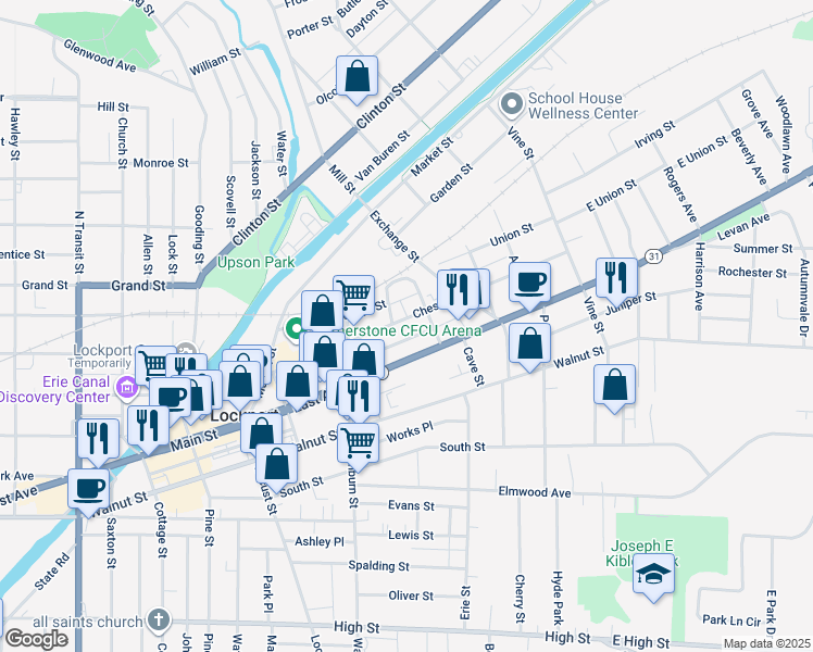 map of restaurants, bars, coffee shops, grocery stores, and more near 151 Chestnut Street in Lockport