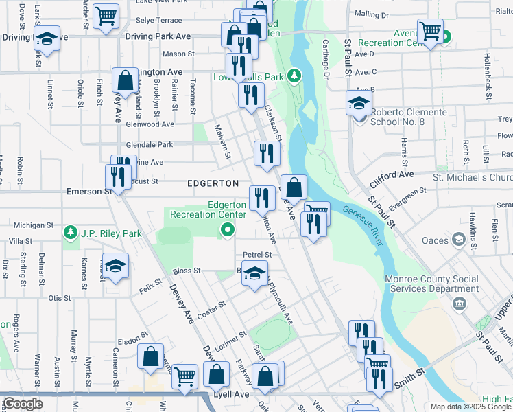 map of restaurants, bars, coffee shops, grocery stores, and more near 137 Fulton Avenue in Rochester