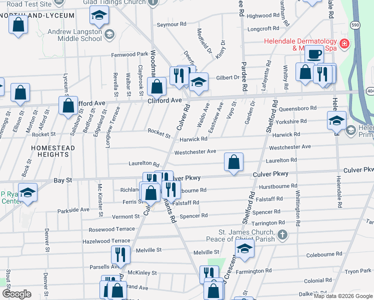 map of restaurants, bars, coffee shops, grocery stores, and more near 245 Westchester Avenue in Irondequoit