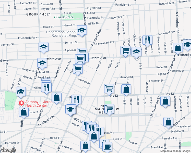 map of restaurants, bars, coffee shops, grocery stores, and more near 20 Wright Terrace in Rochester