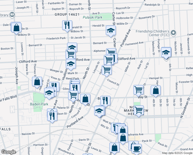 map of restaurants, bars, coffee shops, grocery stores, and more near 90 Lincoln Street in Rochester