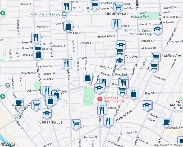 map of restaurants, bars, coffee shops, grocery stores, and more near 30 Thomas Street in Rochester