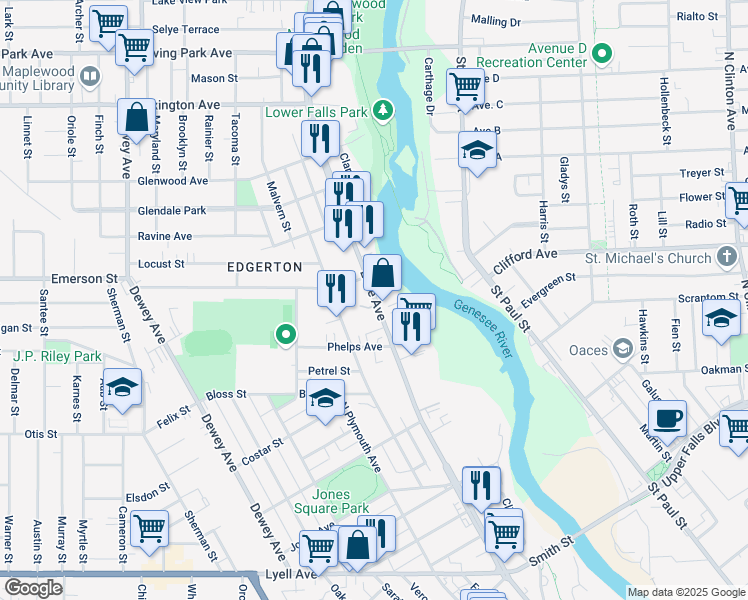 map of restaurants, bars, coffee shops, grocery stores, and more near 69 Twin Beeches in Rochester