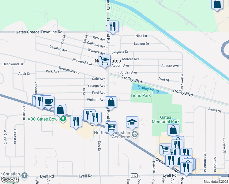 map of restaurants, bars, coffee shops, grocery stores, and more near 51 Koladyne Avenue in Rochester