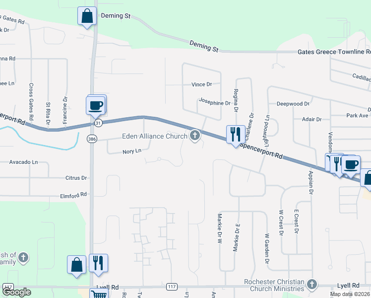 map of restaurants, bars, coffee shops, grocery stores, and more near 30 Marc-Mar Trail in Rochester