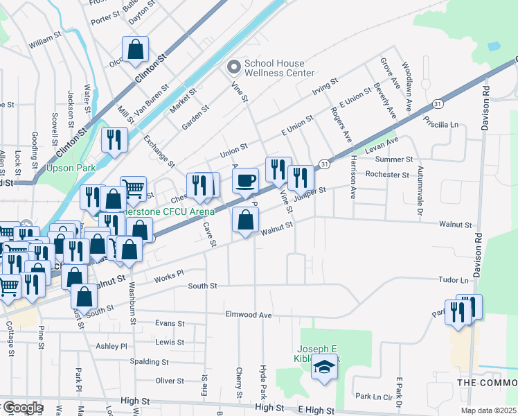 map of restaurants, bars, coffee shops, grocery stores, and more near 11 Juniper Street in Lockport