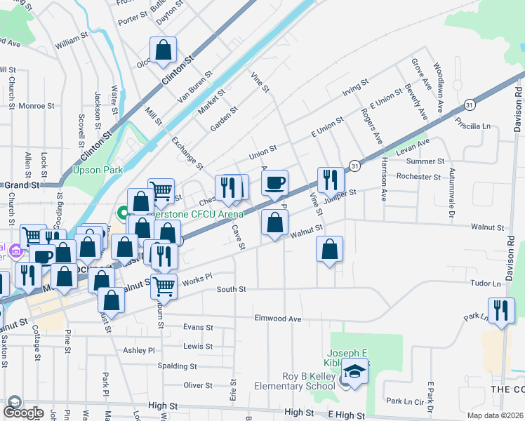 map of restaurants, bars, coffee shops, grocery stores, and more near 256 East Avenue in Lockport