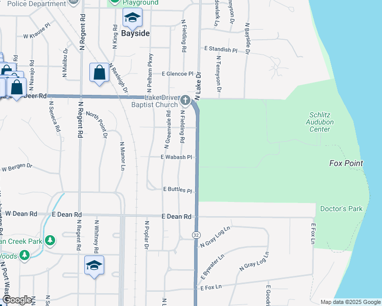 map of restaurants, bars, coffee shops, grocery stores, and more near 8601 North Lake Drive in Bayside