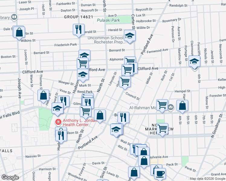 map of restaurants, bars, coffee shops, grocery stores, and more near 90 Lincoln Street in Rochester