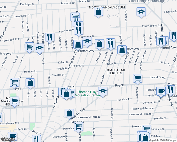 map of restaurants, bars, coffee shops, grocery stores, and more near 96 Cummings Street in Rochester