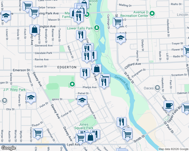 map of restaurants, bars, coffee shops, grocery stores, and more near 69 Twin Beeches in Rochester