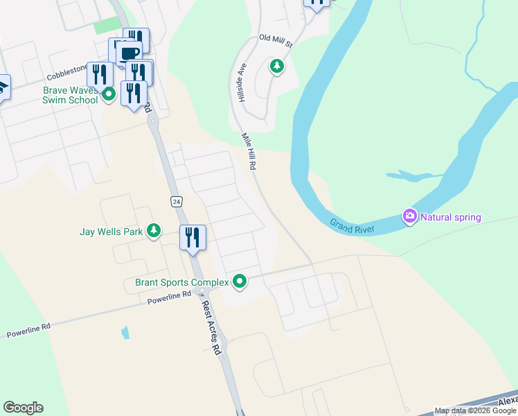 map of restaurants, bars, coffee shops, grocery stores, and more near 87-239 Mile Hill Road in Brant