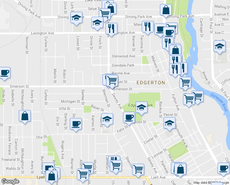 map of restaurants, bars, coffee shops, grocery stores, and more near 333 Emerson Street in Rochester