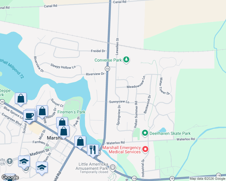 map of restaurants, bars, coffee shops, grocery stores, and more near 412 Lewellen Street in Marshall