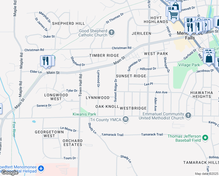 map of restaurants, bars, coffee shops, grocery stores, and more near 17706 Ann Avenue in Menomonee Falls