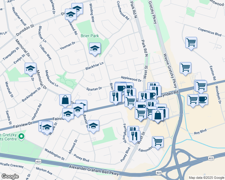 map of restaurants, bars, coffee shops, grocery stores, and more near 142 Brier Park Road in Brantford