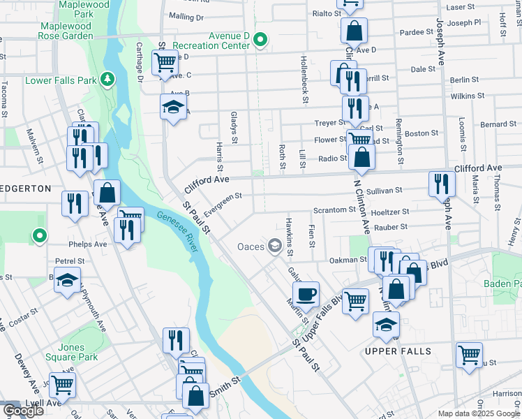 map of restaurants, bars, coffee shops, grocery stores, and more near 44 Scrantom Street in Rochester