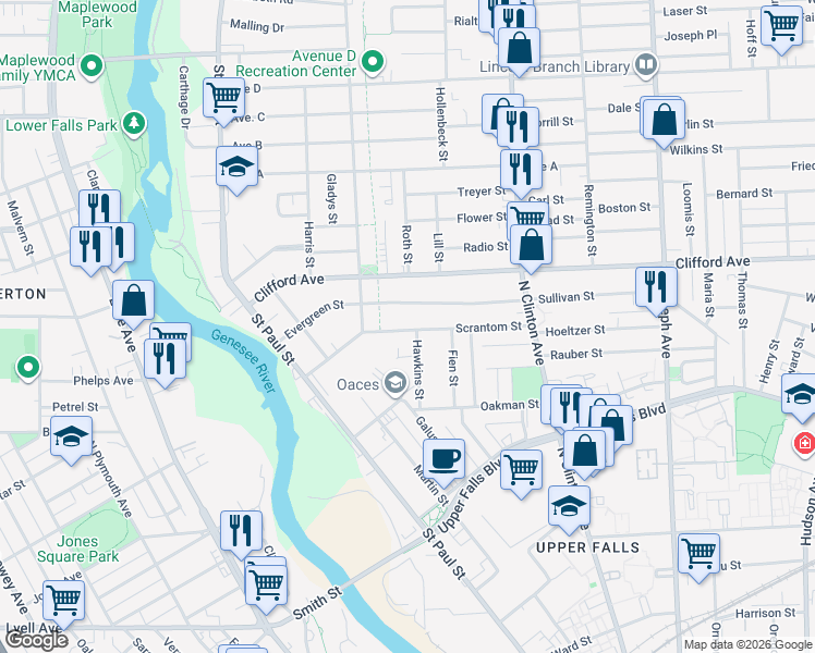 map of restaurants, bars, coffee shops, grocery stores, and more near 67 Scrantom Street in Rochester