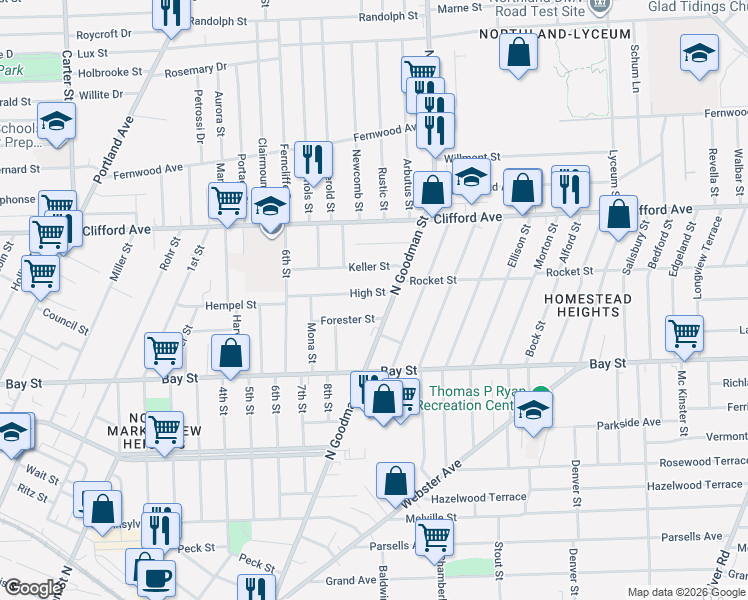 map of restaurants, bars, coffee shops, grocery stores, and more near 20 Forester Street in Rochester