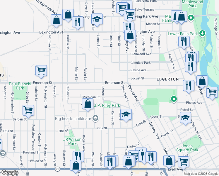 map of restaurants, bars, coffee shops, grocery stores, and more near 51 Curtis Street in Rochester