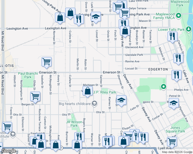 map of restaurants, bars, coffee shops, grocery stores, and more near 163 Curtis Street in Rochester