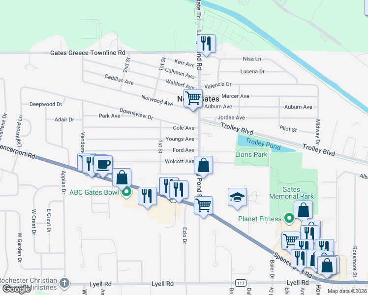 map of restaurants, bars, coffee shops, grocery stores, and more near 51 Ford Avenue in Rochester