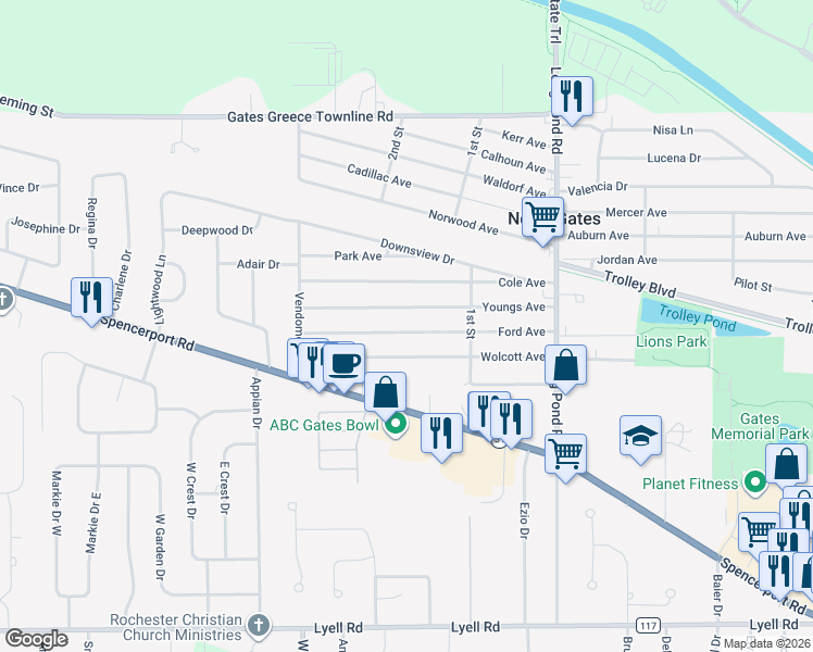 map of restaurants, bars, coffee shops, grocery stores, and more near 215 Ford Avenue in Rochester