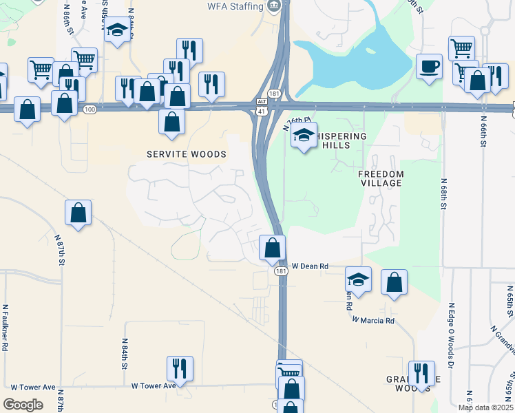 map of restaurants, bars, coffee shops, grocery stores, and more near 7664 West Wabash Court in Milwaukee