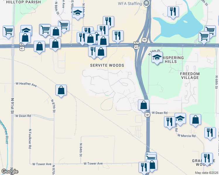 map of restaurants, bars, coffee shops, grocery stores, and more near 8534 North Servite Drive in Milwaukee