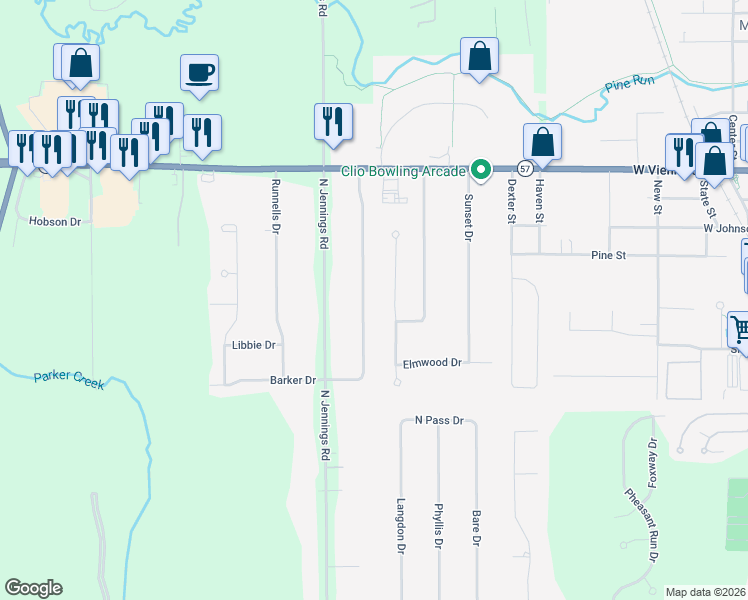 map of restaurants, bars, coffee shops, grocery stores, and more near 11370 Wing Drive in Clio