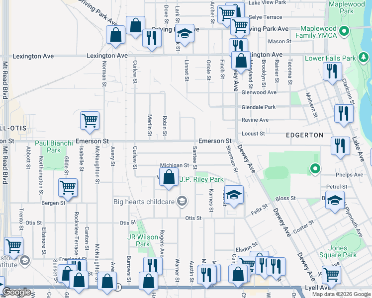 map of restaurants, bars, coffee shops, grocery stores, and more near 163 Curtis Street in Rochester